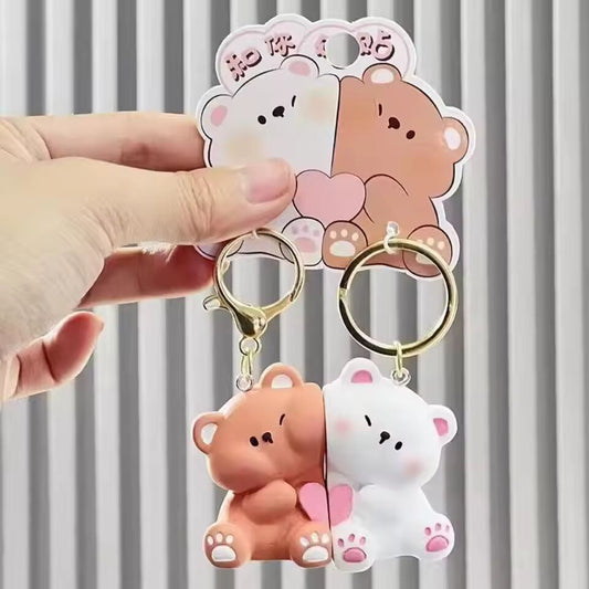 1Pair Cute Resin Bear Couple Magnetic Keychain Cartoon Animal Doll Bag Pendant Kawaii Key Chains Gifts for Lovers Ornaments